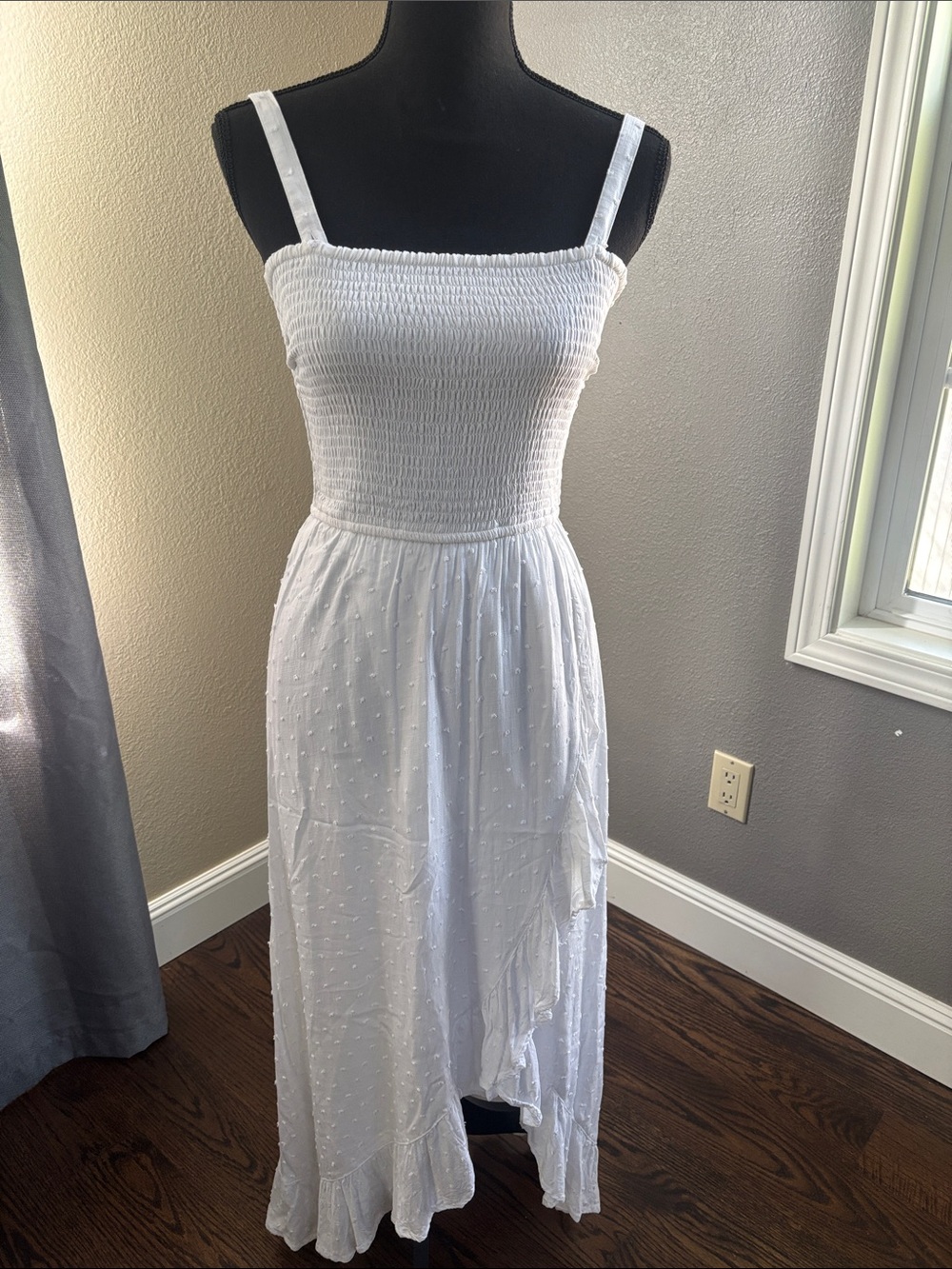 Hollister White Smocked Maxi Dress with Dotted Texture
